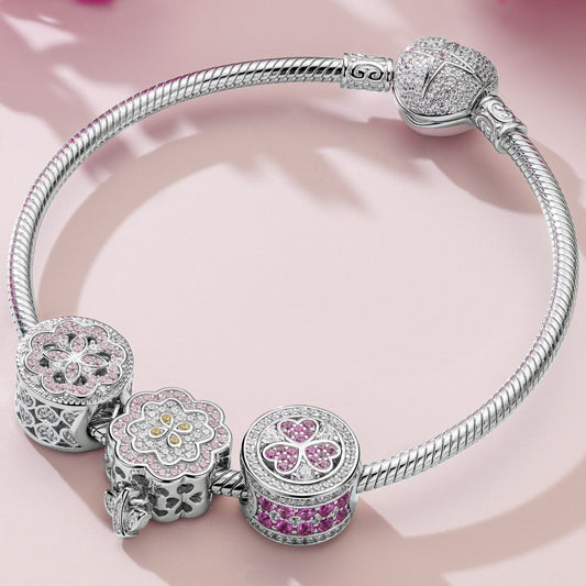 gona- Sterling Silver Pink Flowers Charms Bracelet Set With Enamel In White Gold Plated (Includes bracelet and all charms shown)