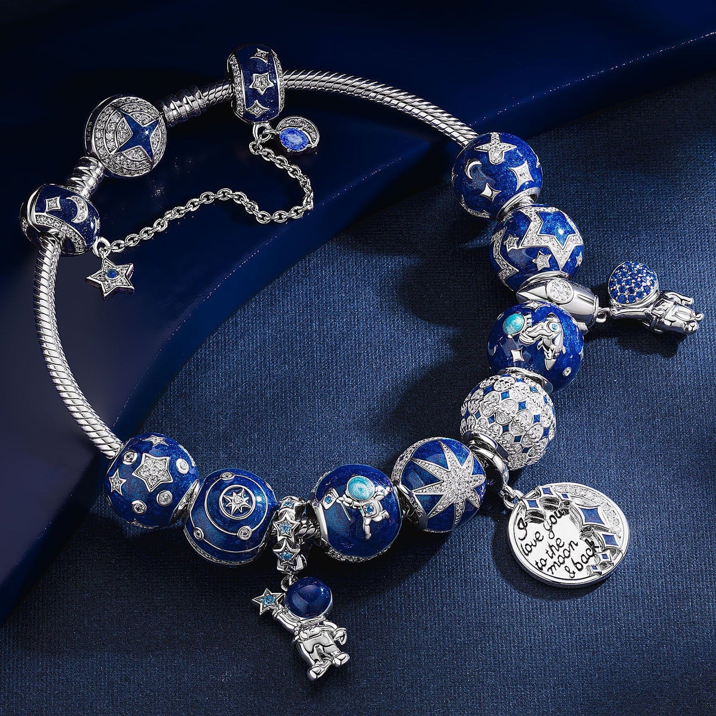 Sterling Silver The Vast Universe Snake Chain Charms Bracelet Set With Enamel In White Gold Plated (Includes bracelet and all charms shown)