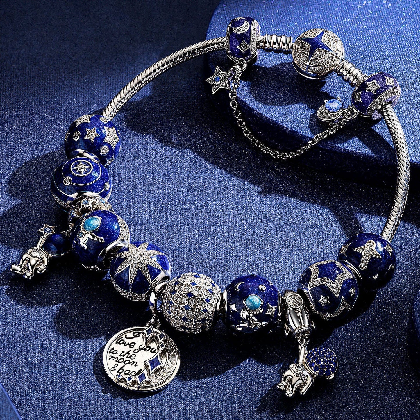 Sterling Silver The Vast Universe Snake Chain Charms Bracelet Set With Enamel In White Gold Plated (Includes bracelet and all charms shown)