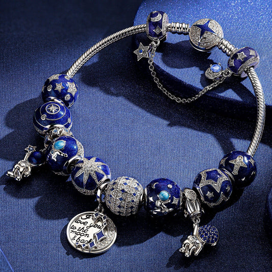gona- Sterling Silver The Vast Universe Snake Chain Charms Bracelet Set With Enamel In White Gold Plated (Includes bracelet and all charms shown)