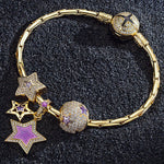 Sterling Silver Purple Star Charms Bracelet Set With Enamel In 14K Gold Plated (Includes bracelet and all charms shown)