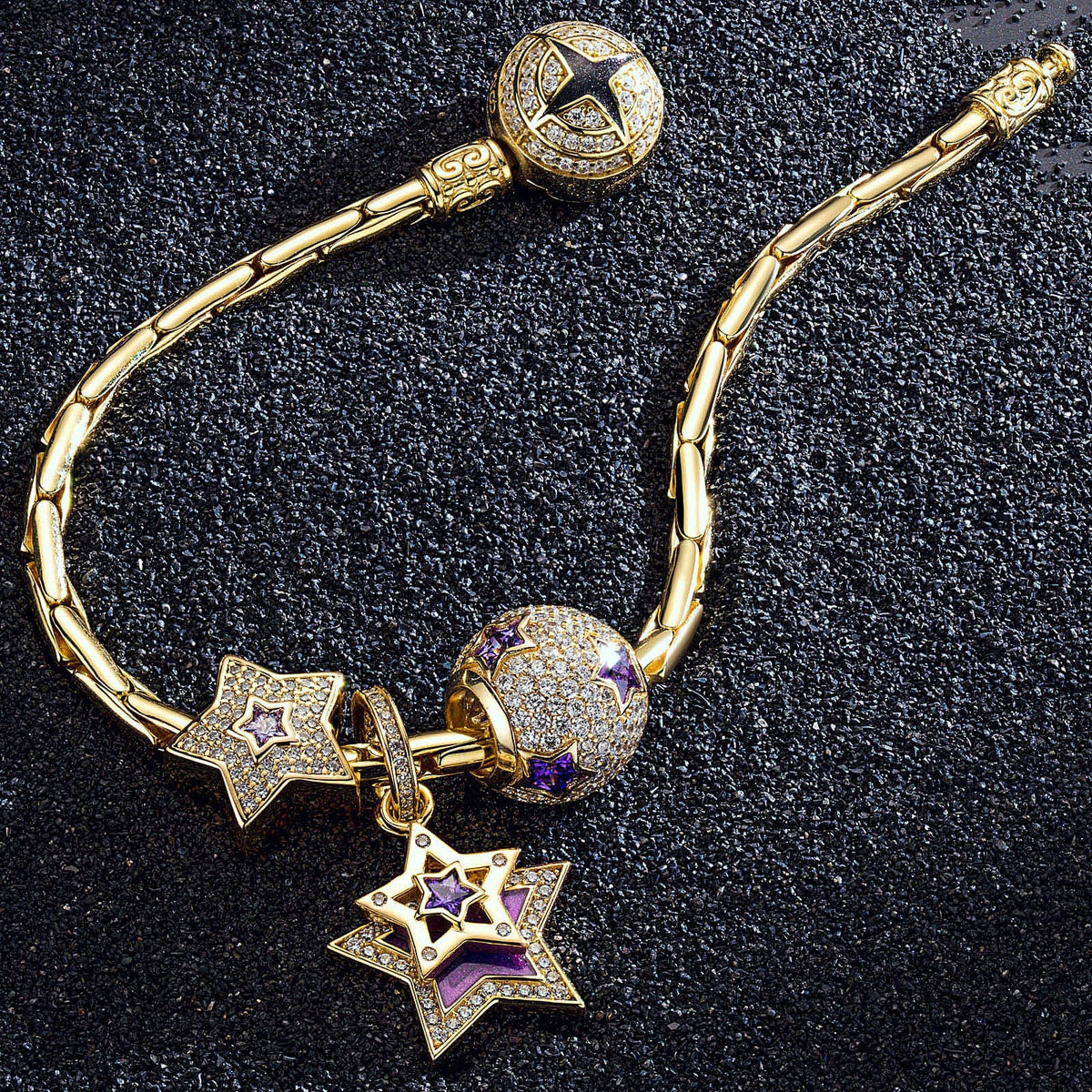 Sterling Silver Purple Star Charms Bracelet Set With Enamel In 14K Gold Plated (Includes bracelet and all charms shown)