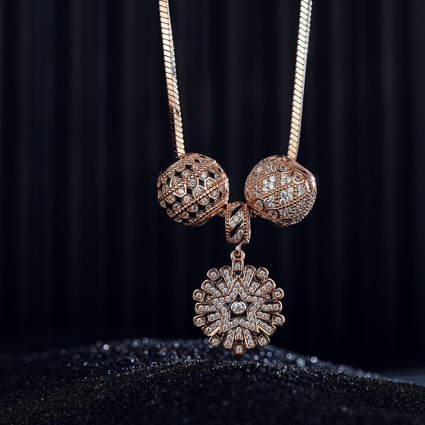 Sterling Silver Infinite Interstellar Box Chain Charms Necklace Set With Enamel In Rose Gold Plated