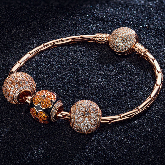 gona- Sterling Silver Shining Four-Leaf Clover Bamboo Chain Charms Bracelet Set With Enamel In Rose Gold Plated (Includes bracelet and all charms shown)