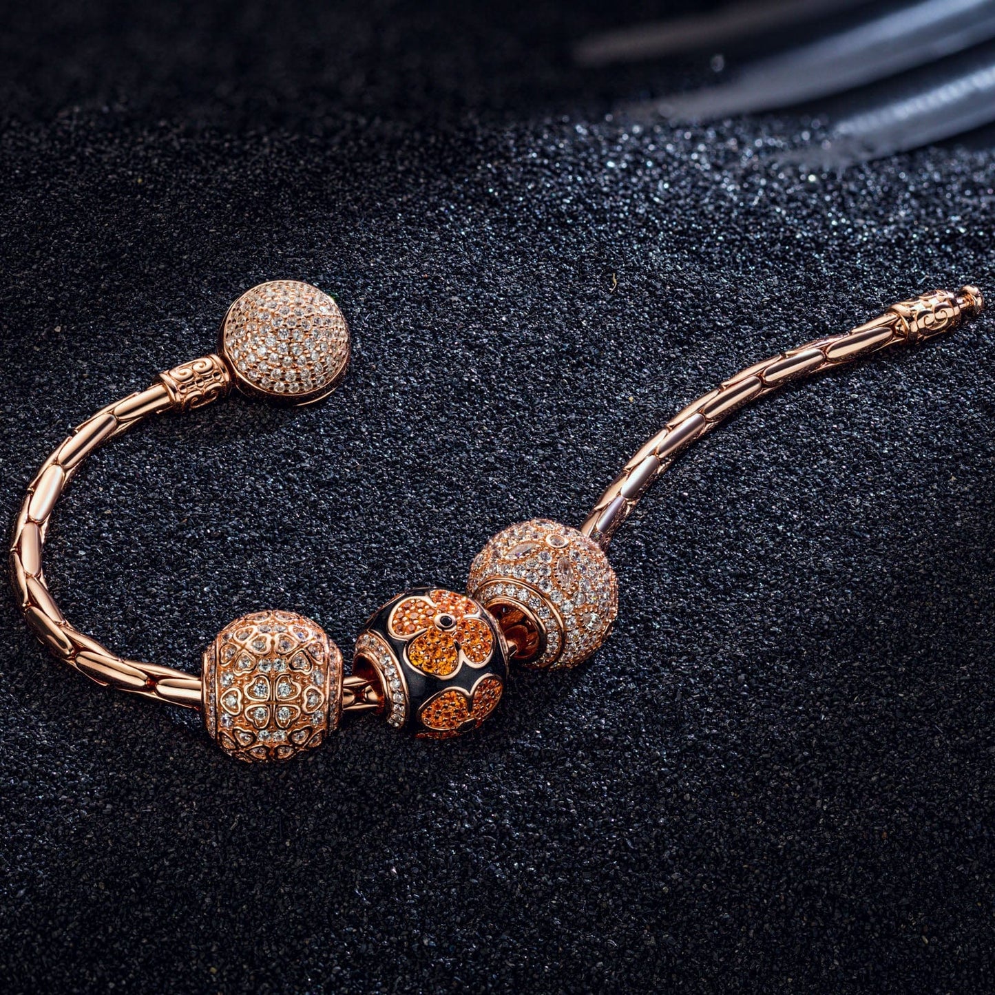 Sterling Silver Shining Four-Leaf Clover Bamboo Chain Charms Bracelet Set With Enamel In Rose Gold Plated (Includes bracelet and all charms shown)