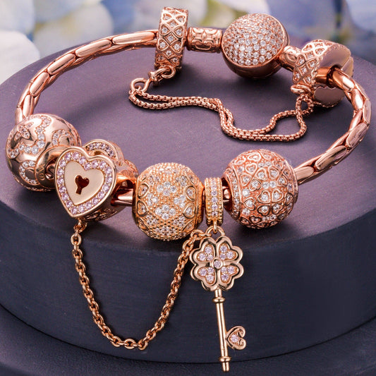 gona- Key to Love Tarnish-resistant Silver Charms Bracelet Set In Rose Gold Plated (Includes bracelet and all charms shown)