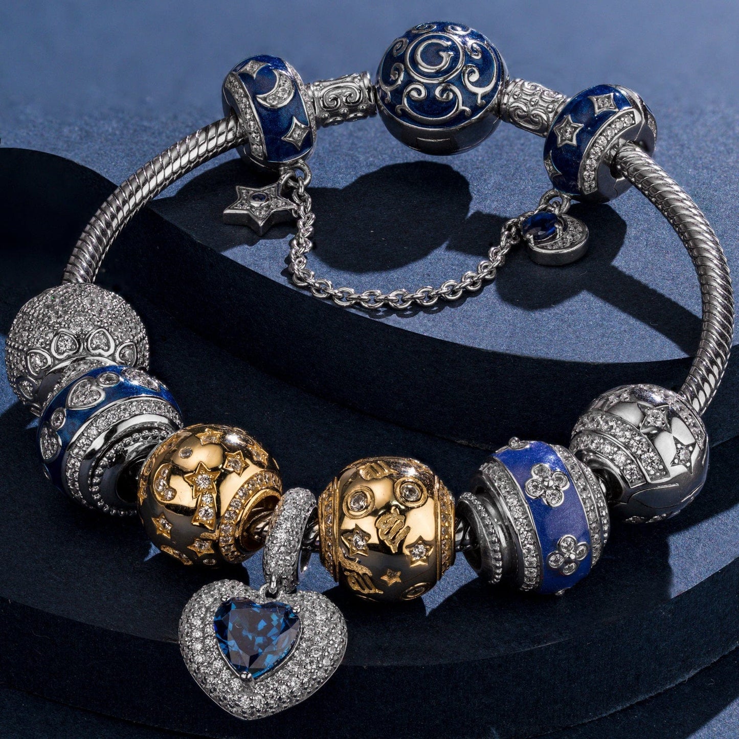 Sterling Silver Starlit Love Charms Bracelet Set With Enamel, Featuring Dual Plating in 14K Gold and White Gold (Includes bracelet and all charms shown)