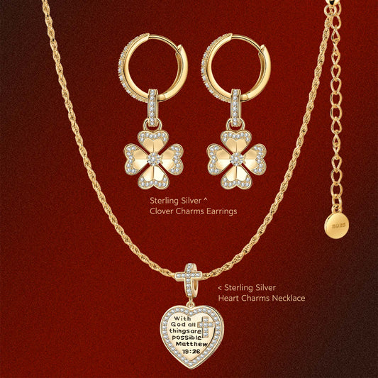 gon- Sterling Silver Clover Heart Charms Necklace and Earrings Set With Enamel In 14K Gold Plated